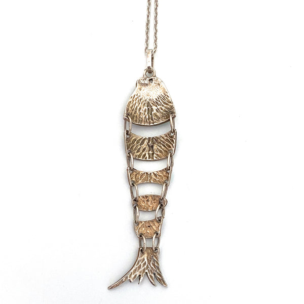 vintage silver & enamel large articulated fish pendant necklace
