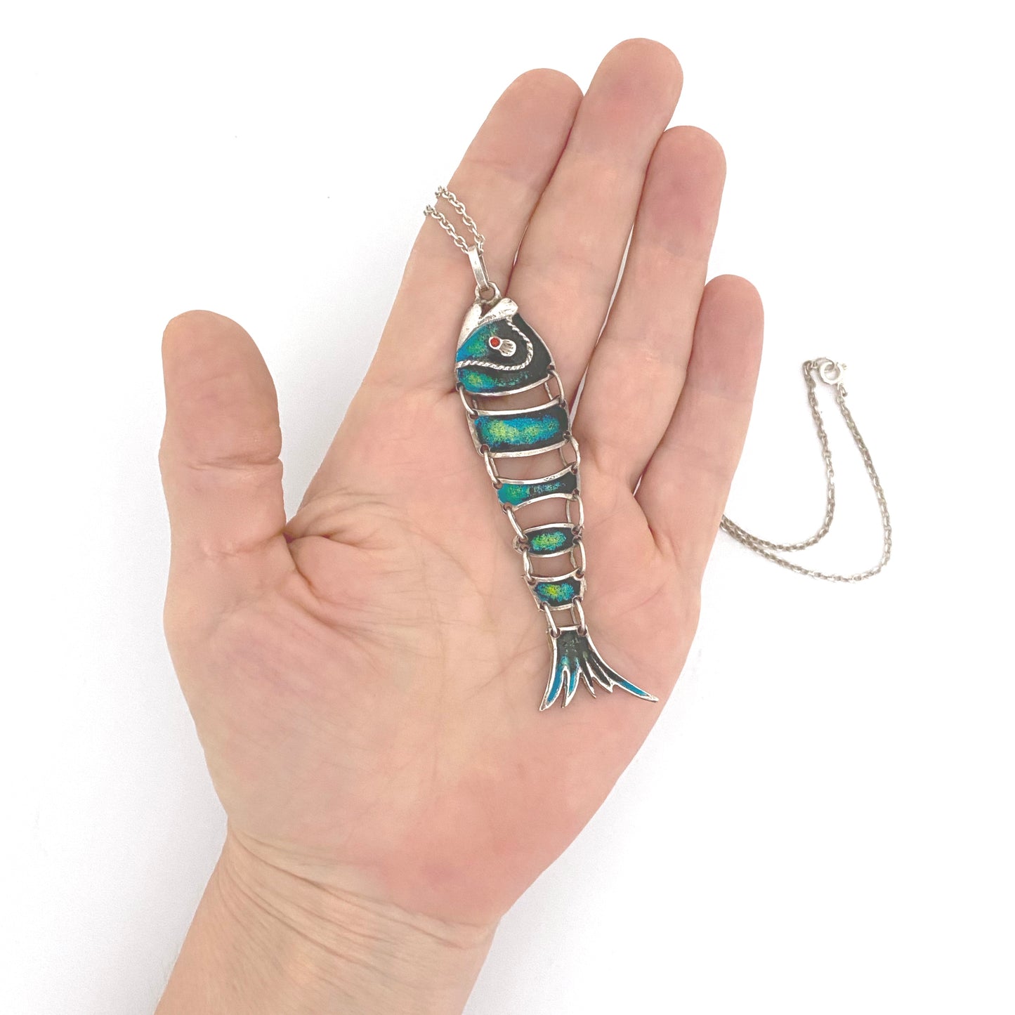 scale vintage silver enamel large articulated fish pendant necklace Italy Modernist jewelry design