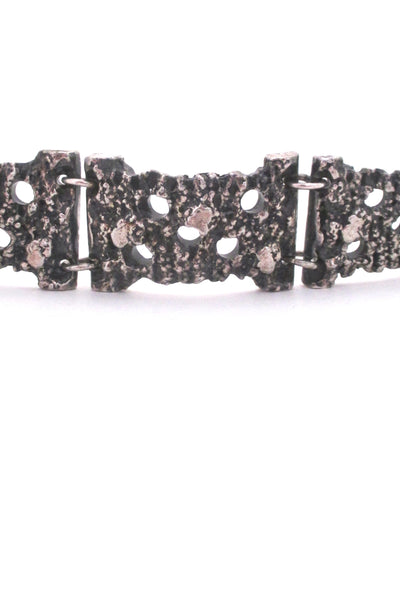 detail Robert Larin Canada vintage textured and pierced pewter panel link bracelet