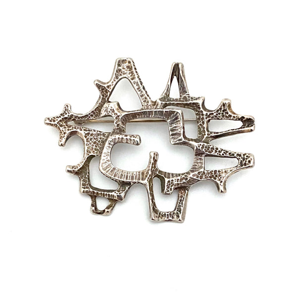 detail Studio Else and Paul Norway large vintage silver brutalist openwork brooch Scandinavian Modernist jewelry design