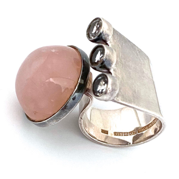 Valo Koru large silver, rose quartz & rock crystal ring ~ 1973