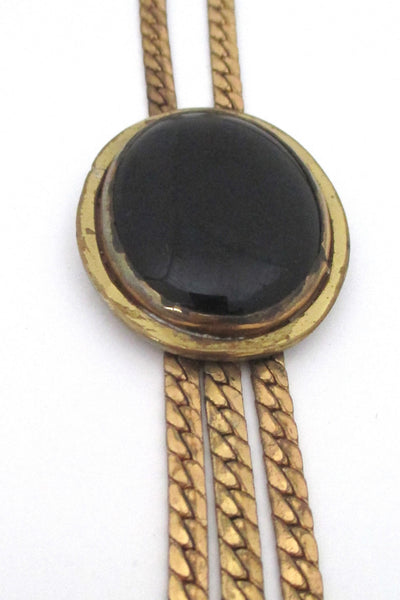 detail Rafael Alfandary Canada vintage brutalist brass and black stone tassel necklace