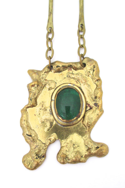 detail Rafael Alfandary Canada vintage brutalist brass large pendant necklace grass green stone
