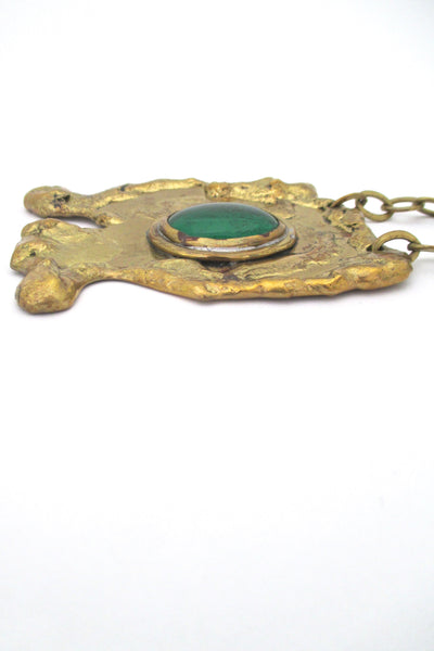 profile Rafael Alfandary Canada vintage brutalist brass large pendant necklace grass green stone