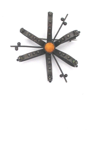 detail ORNO Poland vintage mid century starburst metal amber brooch 1960s