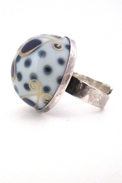 Porsgrund Norway vintage silver and porcelain huge ring by Anne Marie Odegaard