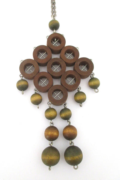 detail aarikka Finland large green and tan dyed wood Scandinavian Modern kinetic pendant necklace
