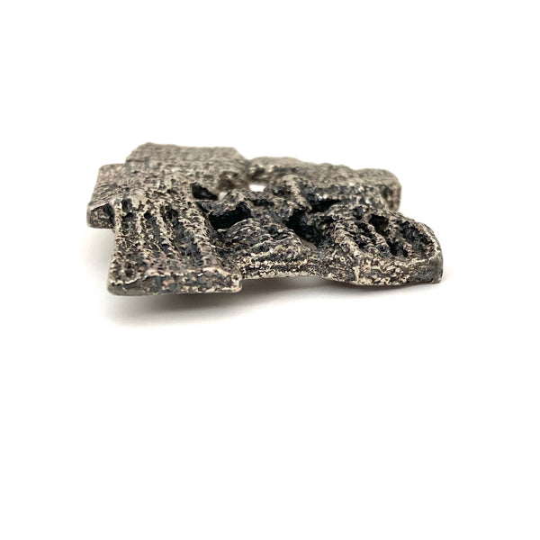 profile Robert Larin Canada vintage brutalist pierced pewter large brooch Canadian Modernist jewelry design