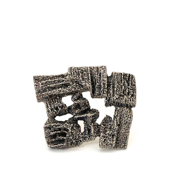 detail Robert Larin Canada vintage brutalist pierced pewter large brooch Canadian Modernist jewelry design