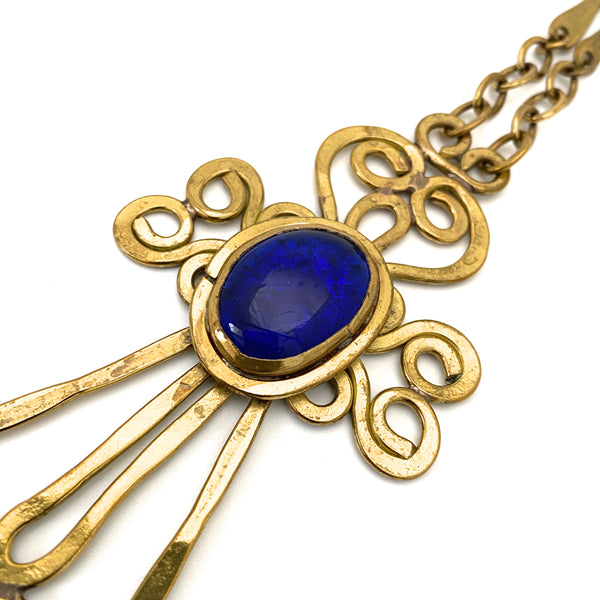 detail Rafael Alfandary Canada vintage brutalist brass large fancy cross pendant necklace cobalt blue