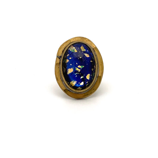 Rafael Canada large oval brass ring ~ blue & metallic flecks