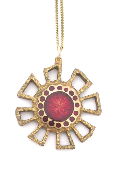detail Bernard Chaudron Canada vintage brutalist bronze two sided red flower necklace