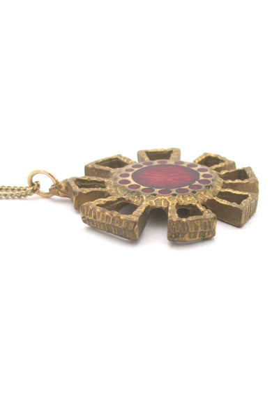 profile Bernard Chaudron Canada vintage brutalist bronze two sided red flower necklace