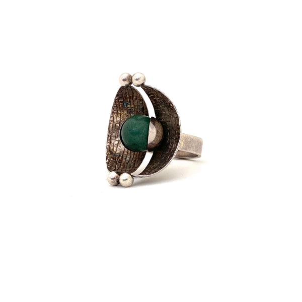 detail Elis Kauppi Kupittaan Kulta Finland vintage textured silver aventurine large ring rare Scandinavian Modernist jewelry design