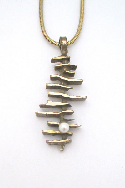 Bernard Chaudron brutalist bronze & pearl pendant necklace