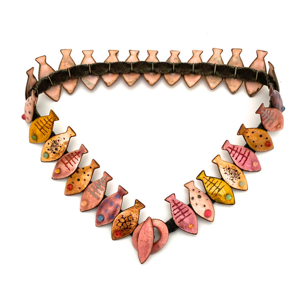 detail Loutzia Paris France rare vintage enamel fish necklace Modernist jewelry design