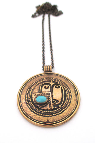 Jorma Laine Finland vintage bronze amazonite Scandinavian Modernist face pendant necklace 