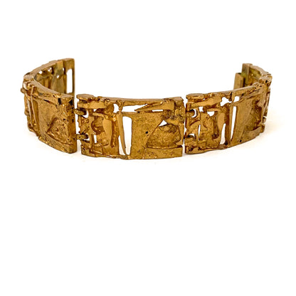 detail Jorma Laine Finland vintage gilt bronze brutalist panel link bracelet Scandinavian Modern jewelry design
