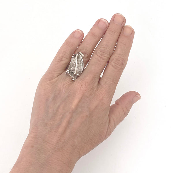 scale vintage textured sterling silver large brutalist ring Modernist jewelry design