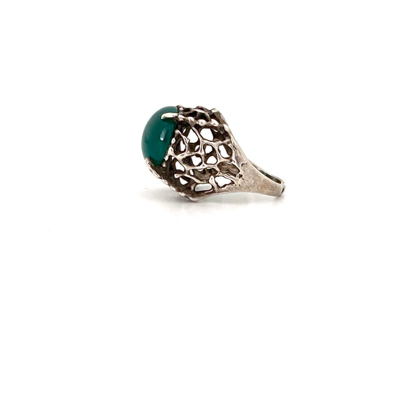 profile large vintage openwork silver chrysoprase ring Israel Modernist jewelry design