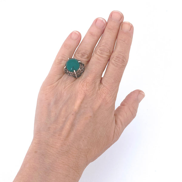 scale large vintage openwork silver chrysoprase ring Israel Modernist jewelry design
