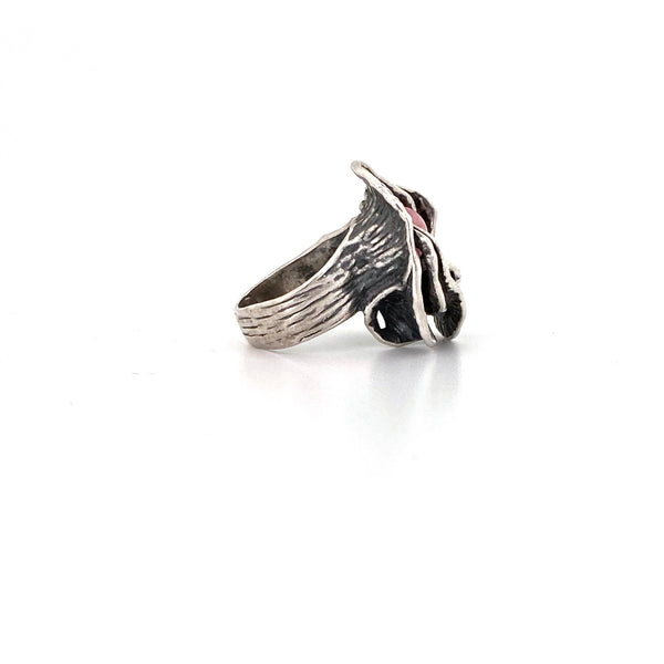 profile vintage sterling silver rhodochrosite brutalist ring Modernist jewelry design