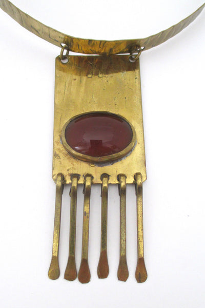 detail Rafael Alfandary Canada brutalist vintage brass and ginger glass kinetic fringe choker necklace