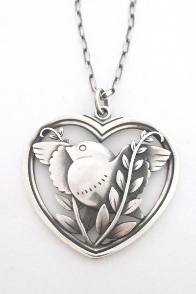 detail Georg Jensen Denmark vintage silver bird and heart pendant necklace by Arno Malinowksi