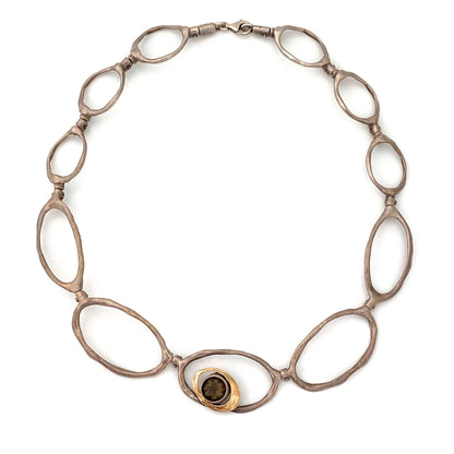 vintage studio made articulated silver, 14k gold & smoky quartz necklace