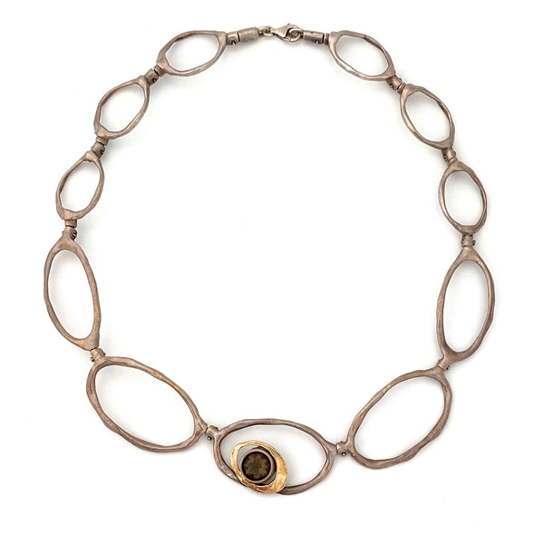 vintage studio made articulated silver, 14k gold & smoky quartz necklace