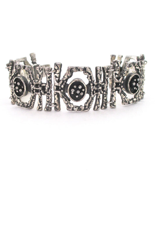 detail Guy Vidal Canada vintage brutalist pewter wide panel link openwork bracelet