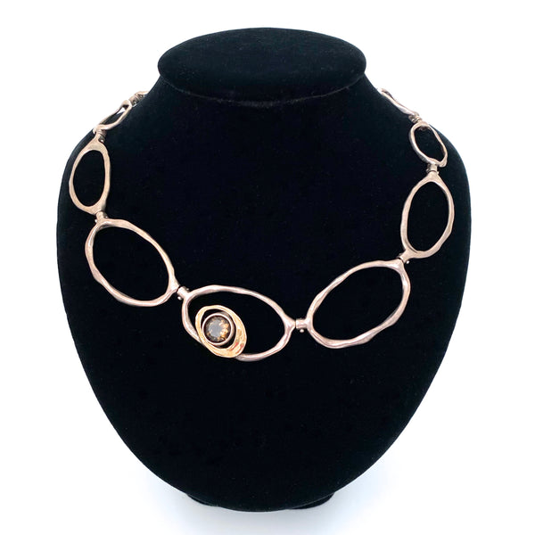 vintage studio made articulated silver, 14k gold & smoky quartz necklace