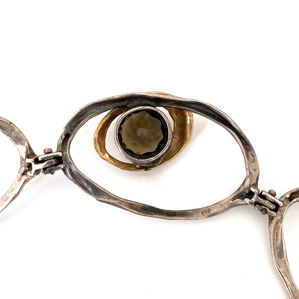 vintage studio made articulated silver, 14k gold & smoky quartz necklace