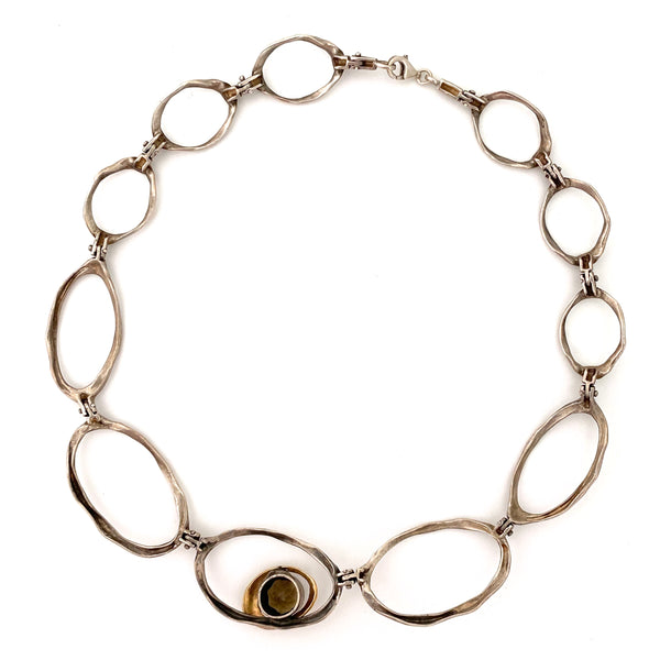 vintage studio made articulated silver, 14k gold & smoky quartz necklace