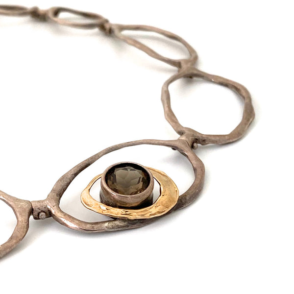 detail vintage studio made sterling silver 14k gold smoky quartz necklace Modernist jewelry design