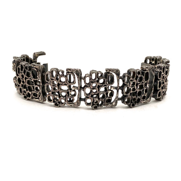 detail Guy Vidal Canada vintage brutalist pewter openwork panel link bracelet Canadian Modernist design jewelry