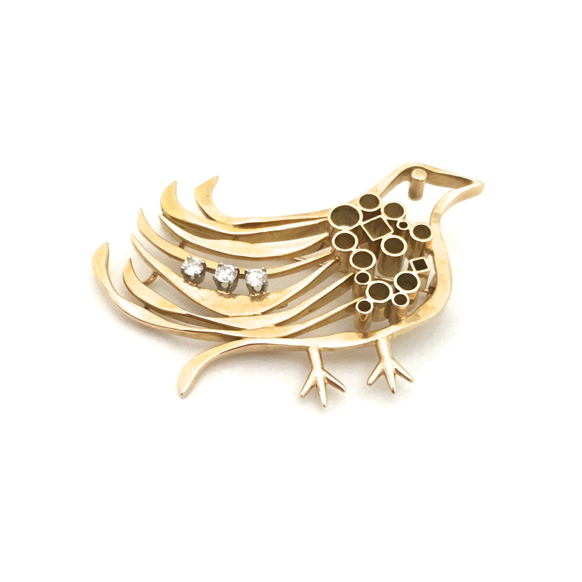 Walter Schluep Canada vintage 18k gold diamond bird brooch Canadian Modernist jewelry design