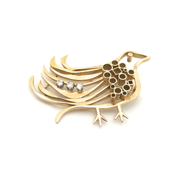 Walter Schluep Canada vintage 18k gold diamond bird brooch Canadian Modernist jewelry design