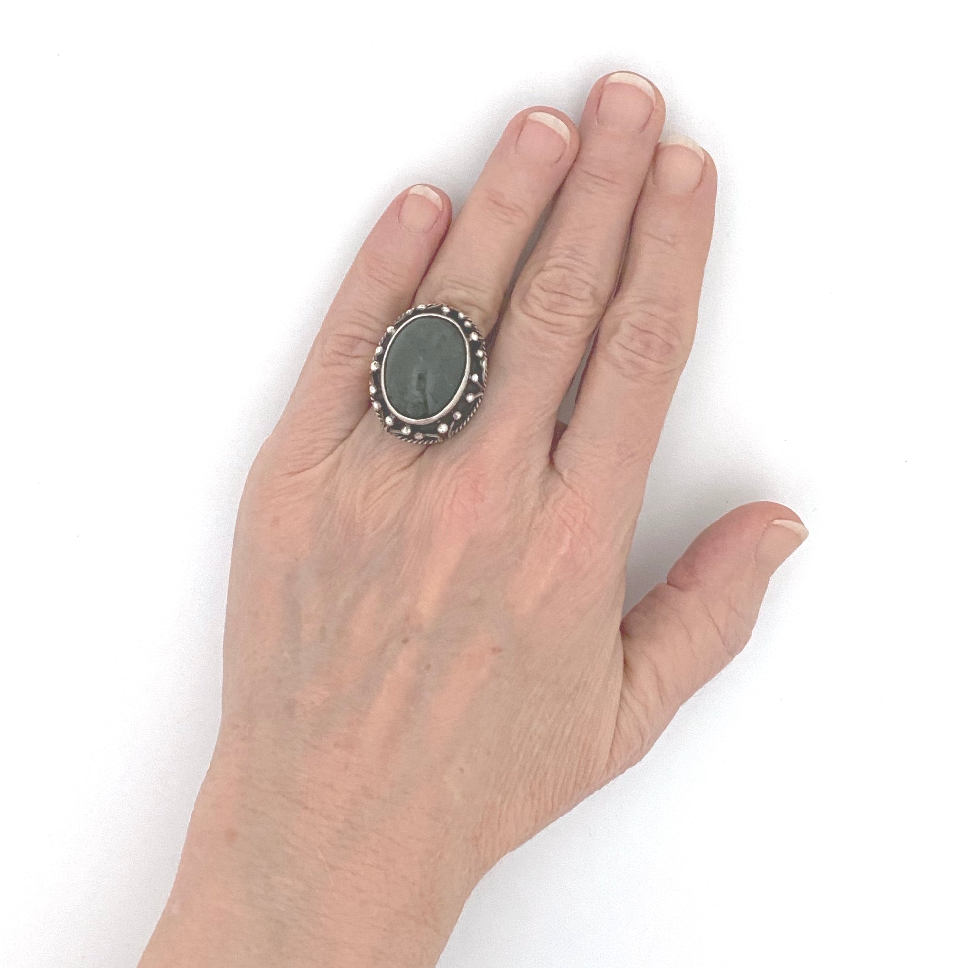 scale ORNO Poland large vintage silver green jasper Modernist ring