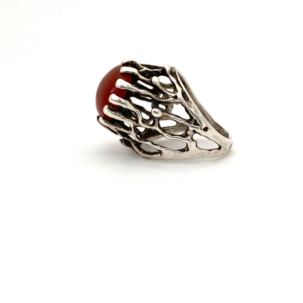 profile vintage brutalist openwork silver carnelian tall ring Israel Modernist jewelry design