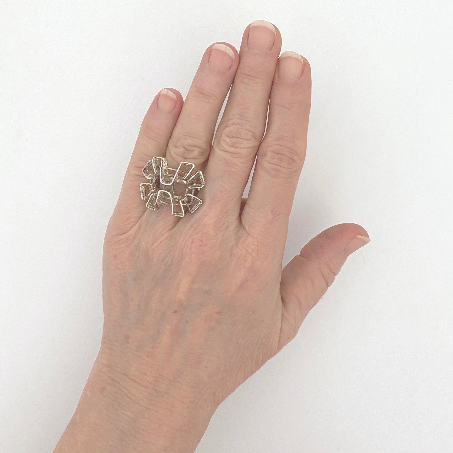 scale Studio Else and Paul Norway vintage silver large openwork brutalist ring Scandinavian Modernist jewelry design