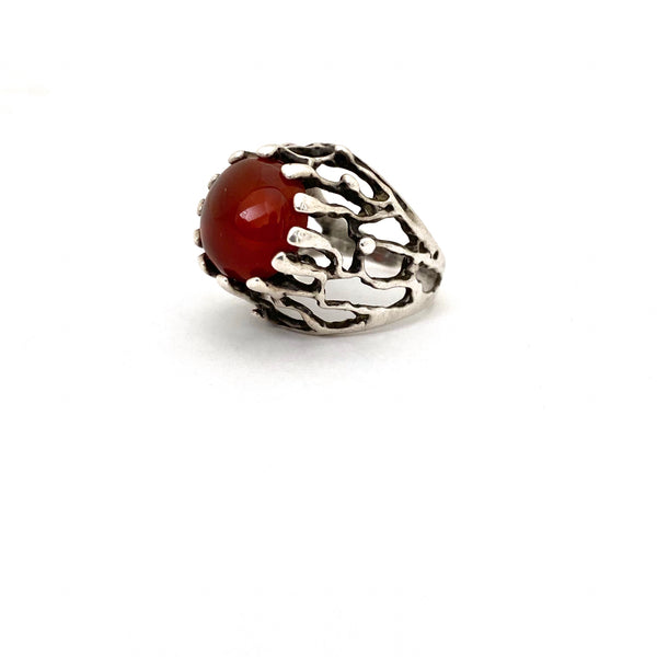 detail vintage brutalist openwork silver carnelian tall ring Israel Modernist jewelry design