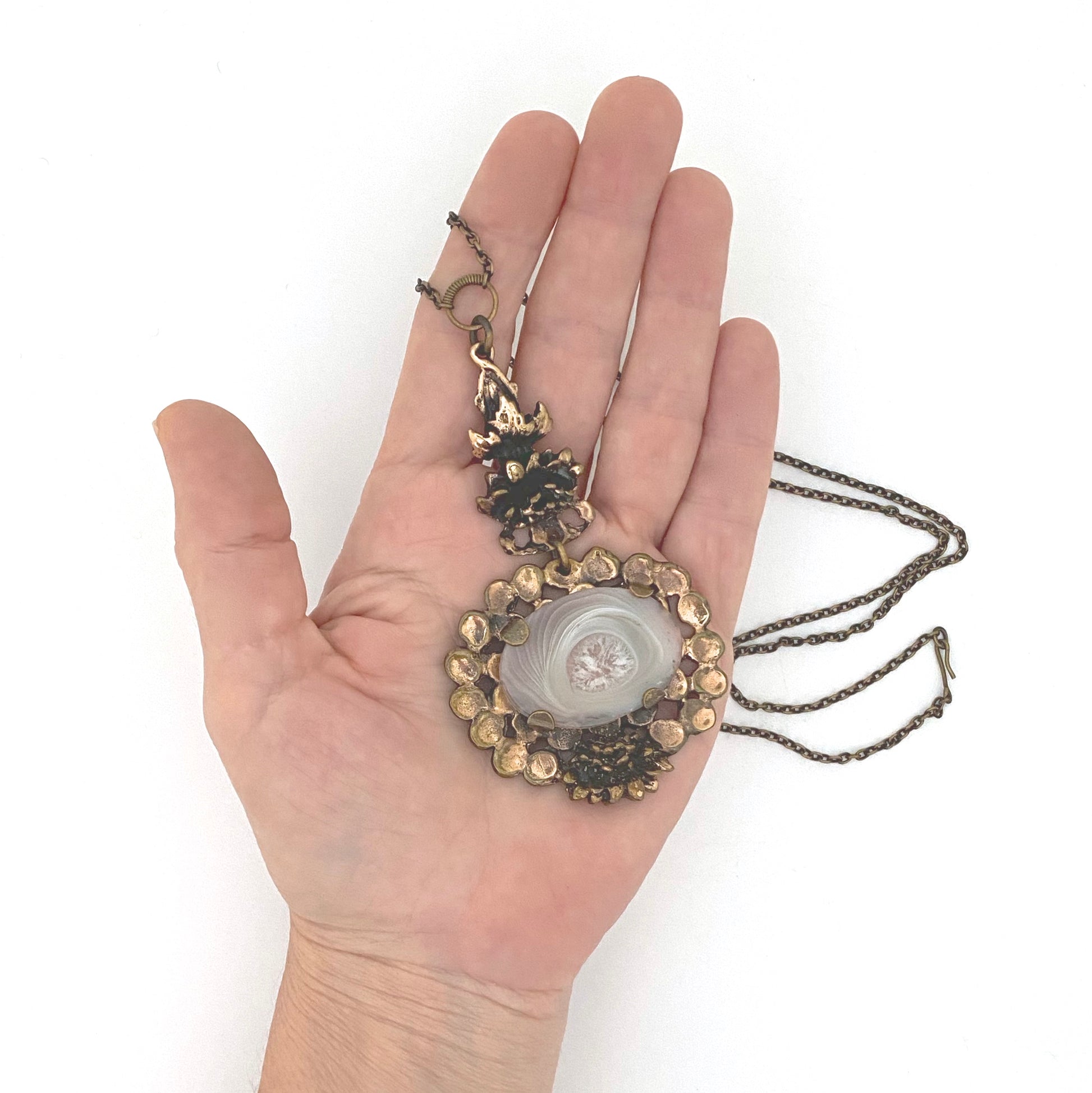scale Pentti Sarpaneva Finland large vintage bronze banded agate pendant necklace Scandinavian Modernist jewelry design