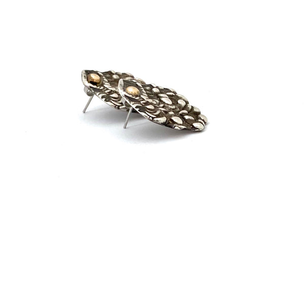 profile vintage brutalist sterling silver 14k gold earrings post backs Modernist jewelry design