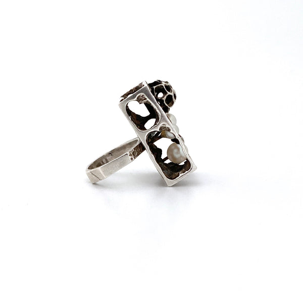 profile vintage silver pearl large brutalist openwork ring Modernist design jewelry