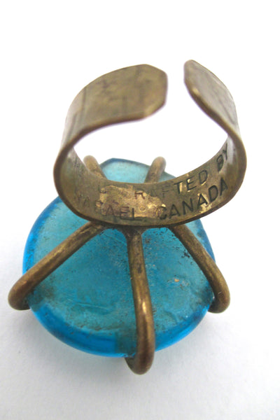 detail Rafael Alfandary Canada vintage brutalist brass aqua glass ring rare & early