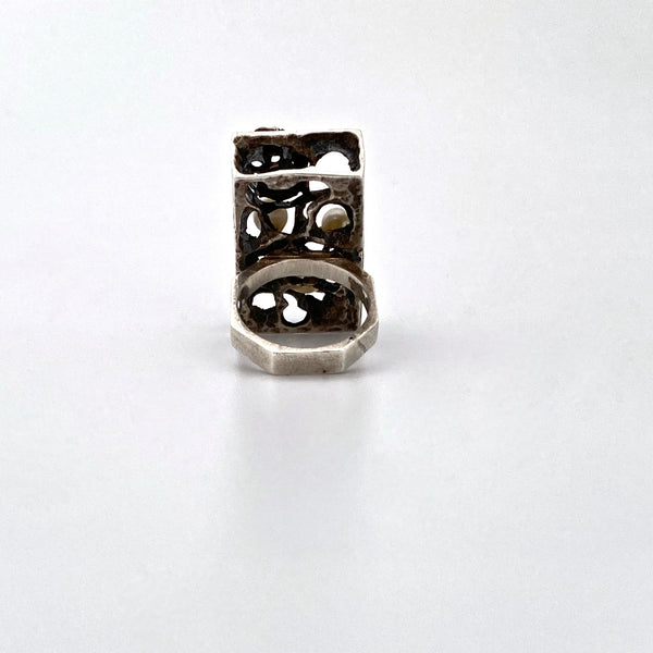 vintage silver & pearl large brutalist openwork ring