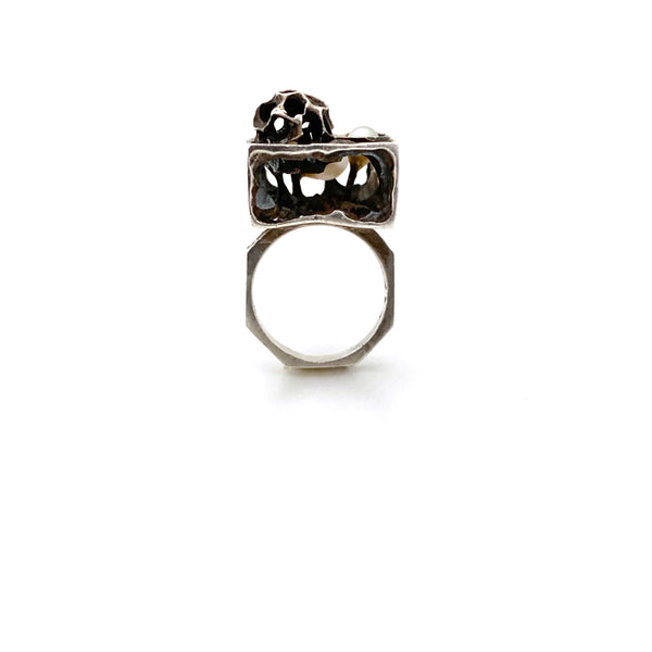 vintage silver & pearl large brutalist openwork ring
