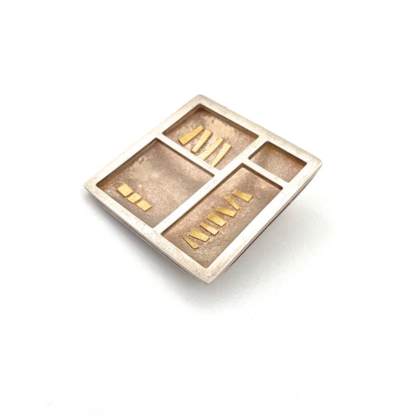 detail vintage silver & 22k gold brooch signed postmodern jewelry design