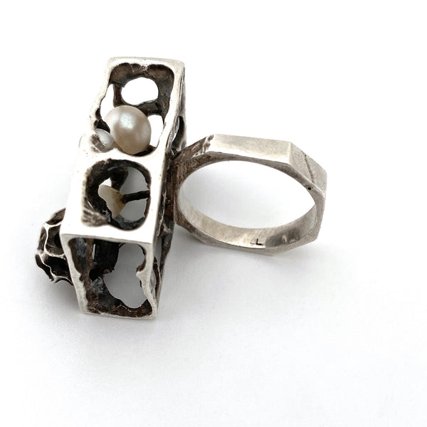 vintage silver & pearl large brutalist openwork ring